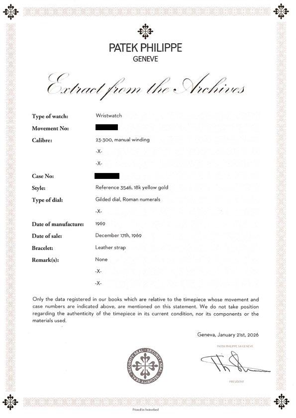 Patek Philippe 3546 Ellipse with Archives extract