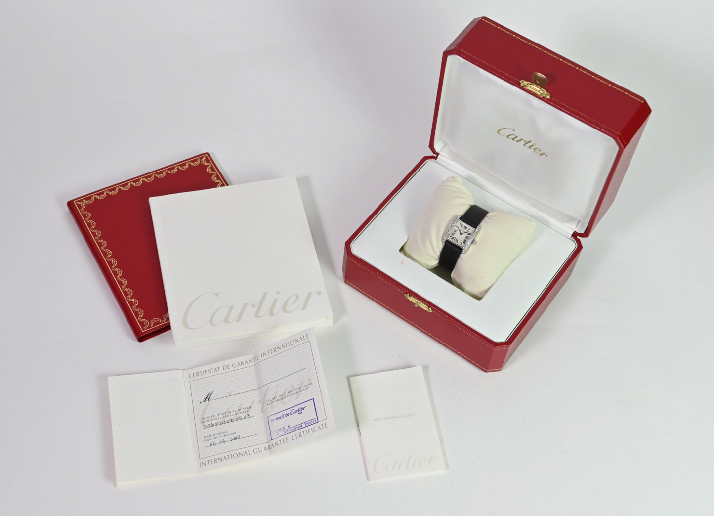 Cartier Tank Francaise 18k Petit modèle Full set, Factory diamond-set bezel